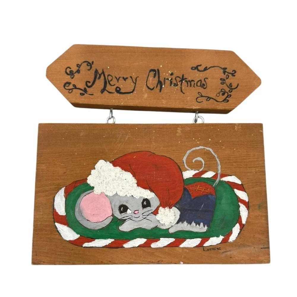 Hand Painted Christmas Mouse Wood Wall Hanging‎ Folk Art Merry Christmas Sign